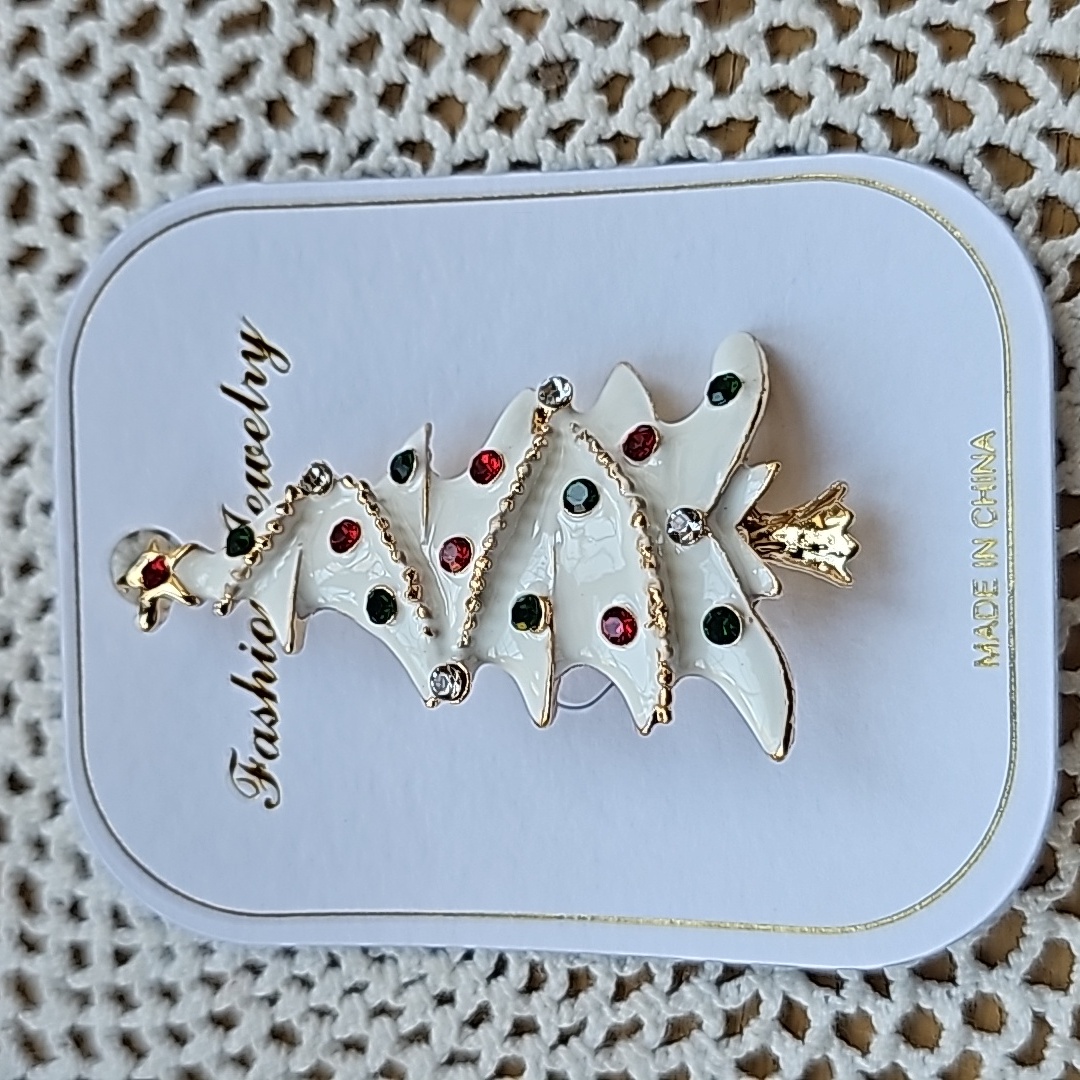Christmas Tree Pin, White Enamel With Red,Green,Clear Cz New